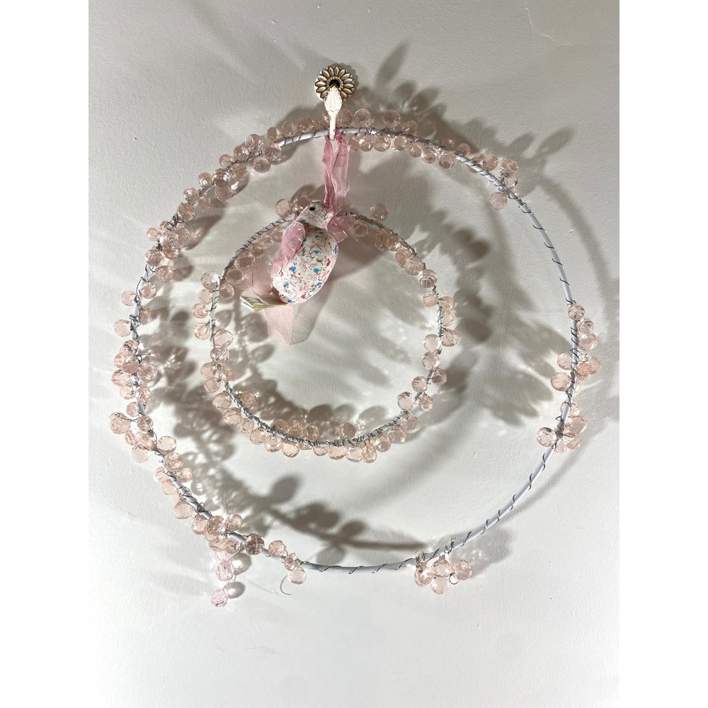 Pink Beaded Double Hoop Wall Hanging Floral Bird Cottagecore Decor